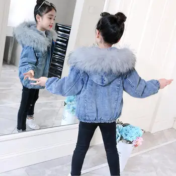 Продажба на едро 2019 зимни дънкови якета за момичета по-дебели якета кожени сплайсированные плюс кадифено палто топла горна дреха за деца Modis детски Яке Y2102