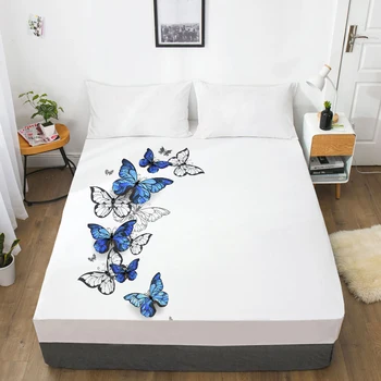 3D HD Digital Printing Custom Bed Sheet With Еластични,Fitted Sheet Twin King,White butterfly Beding Mattress Cover снабден с кралица легло 160x200
