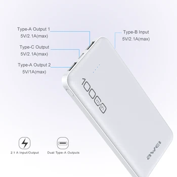 Awei P28K Power Bank 10000 ма бързо зареждане на повербанк преносимо зарядно Dual USB 2.1 A Batterie обратно външни въоръжение за Xiaomi iPhone 11