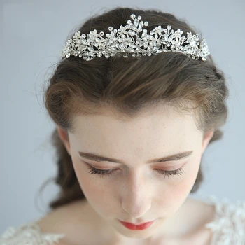 Блясък на Кристали сватба лента за коса сребърен цвят сватбена тиара цветя косата Короната ръчно кабелна жени на бала прическа аксесоари