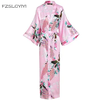FZSLCYIYI лятна розова дамска нощница кимоно халат район пижами Паун и цветя на булката булката Сватбена Рокля роба