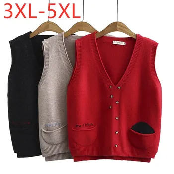 Нови дамски есен-зима плюс размер пуловер, плетени блузи за жени голям ръкави памук джоб червена жилетка, пуловер 3XL 4XL 5XL
