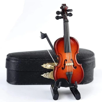 Дървена миниатюрна Цигулка със стойка,смычком и футляром мини музикален инструмент умален модел куклена къща декорация на дома (3.15 inchX1.1