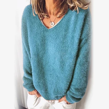 Елегантен, Плътен Цвят Пуловери Есен-Зима Плътен Цвят Fluffy Плюшено Свободен Пуловер Пуловер Блуза, Топ Вязаный Пуловер Топ 2020