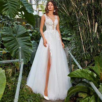 Очарователно сватбена рокля с висока цепка Jewel без ръкави апликация Boho Bride Dress Vestido de Новия сватбена рокля 2020