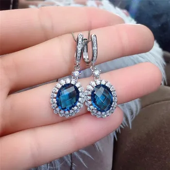 Натурален Топаз обеци за жени 925 сребро обеци в синьо скъпоценен камък, фини бижута на партията на бижута подарък