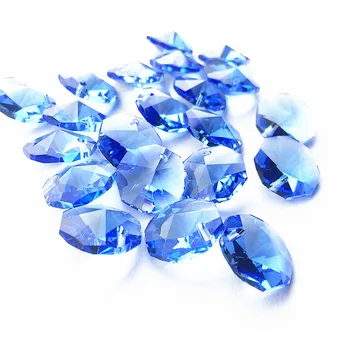 Безплатна доставка, 100 бр. / лот светло син цвят 14 мм стъкло кристален полилей осмоъгълник мъниста в един отверстии за 