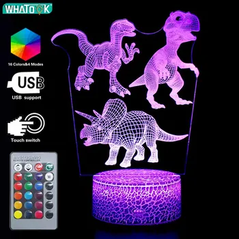 Уникален 3D динозавър нощни светлини за деца LED илюзия настолна лампа декор докосване на дистанционното управление децата празник на Коледно парти подарък играчка