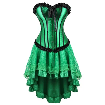 Overbust корсети за жени клуб дантела лента бурлеска рокля корсет и пола набор от сексуални корсетные костюми зелени готически рокли